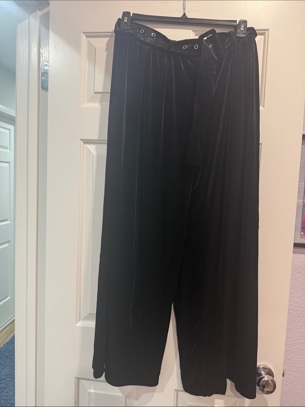 Cider Black Velvet Wide-Leg Pants with Belt